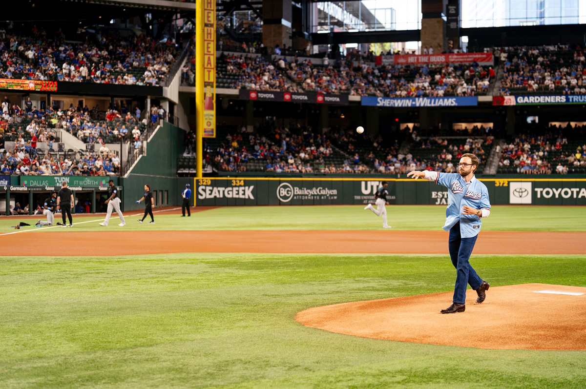 Michael Galyen Throws Out First Pitch At Rangers Game Bailey