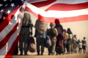 A group of migrants and flag of USA